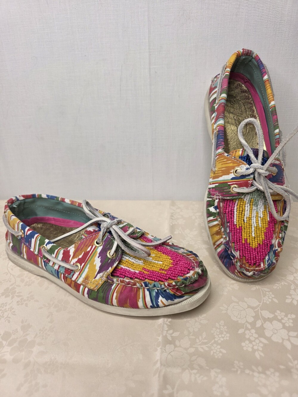 Sperry Top-Sider Beaded Ikat Boat Shoes Multi-Color Canvas Boho Chic 7.5 M